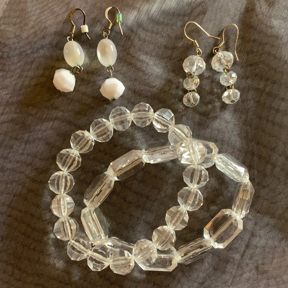 Clear beaded earrings and bracelet set